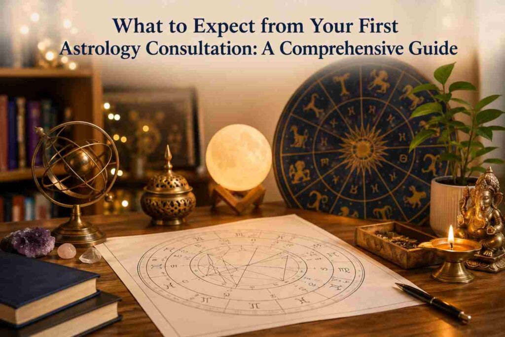 Astrology consultation setup with a birth chart and zodiac wheel.